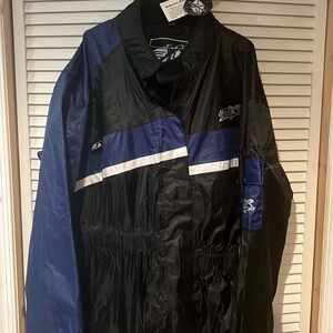 One piece reflective motorcycle raincoat.